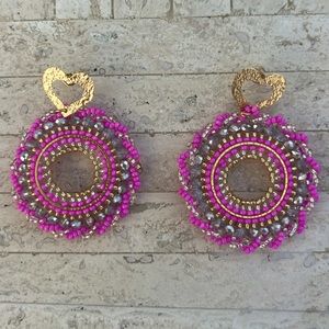 Handmade Colombian pink and silver Beaded Statement Earrings - Light Weight!
